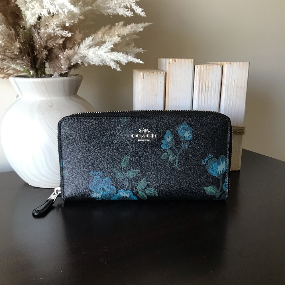 Coach Accordion Zip Around Wallet With Blue Floral Print